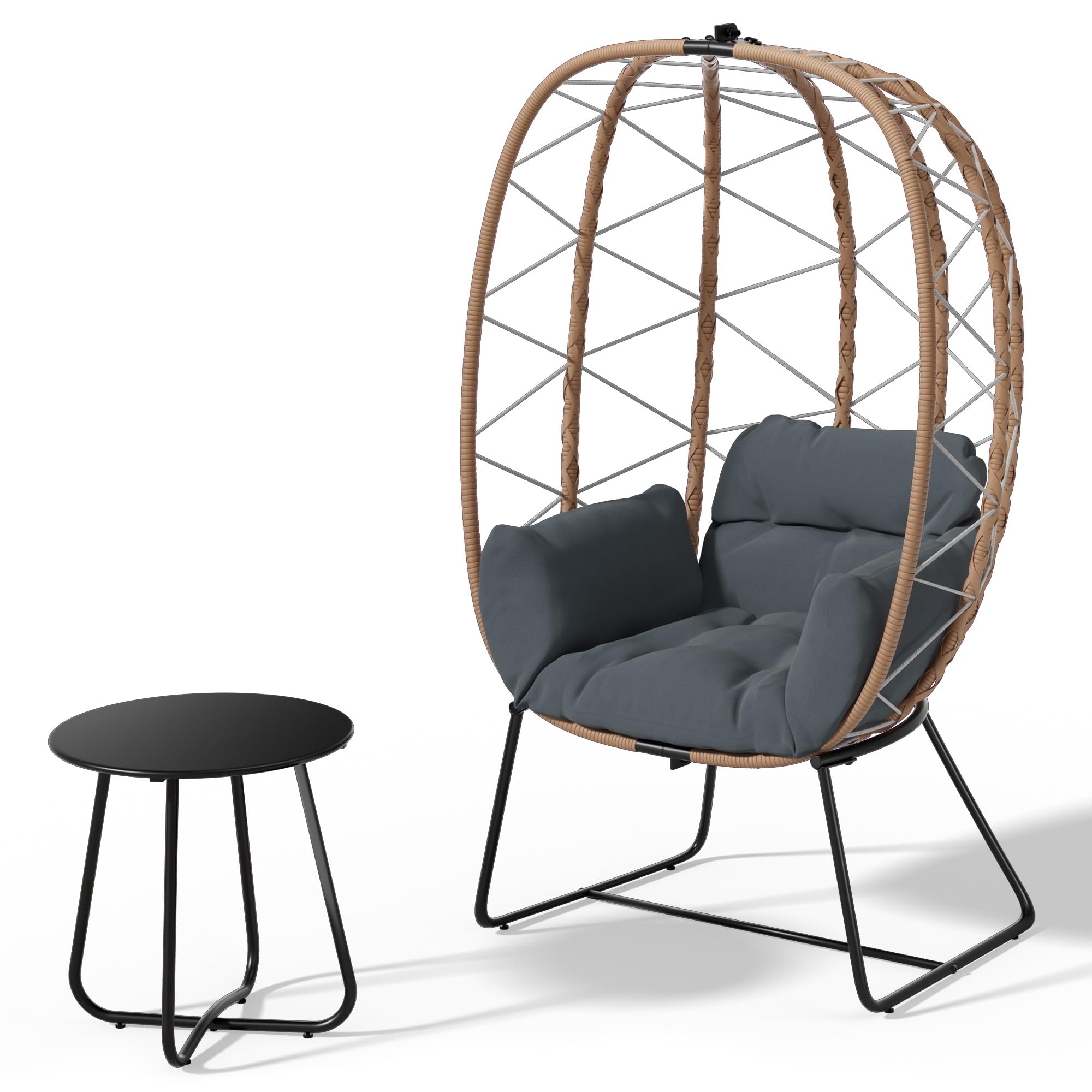 JEAREY Egg Chair with Side Table, Oversized Outdoor Indoor Lounger with 350lbs Capacity Wicker Egg Chair with Stand Cushion, Egg Basket Chair Set for Patio, Porch, Bedroom(Grey)…