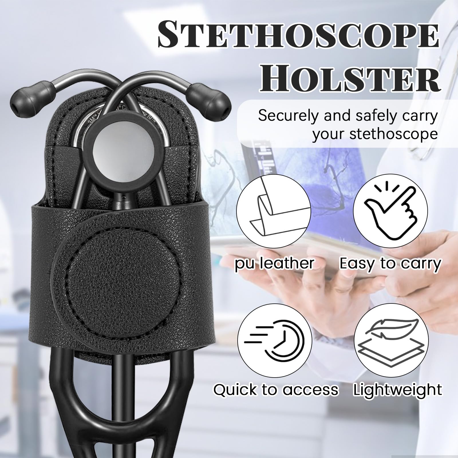 Chihutown Leather Stethoscope Holder Hip Clip, Stethoscope Hip Holder for Waist Belt, Clip-on Stethoscope Holder for Physicians Nurses (black)