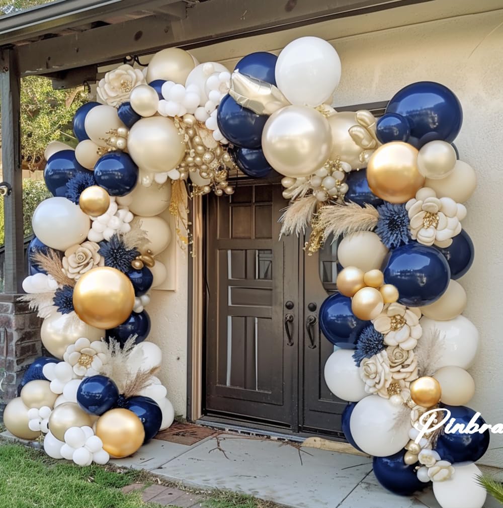 Navy Blue White Balloons Double Stuffed Balloons 18/12/10/5 inch Royal Blue Gold Pearl White Sand Dark Blue Cream Balloon Arch Garland Kit for Anniversary Wedding Graduation Birthday Party Decorations