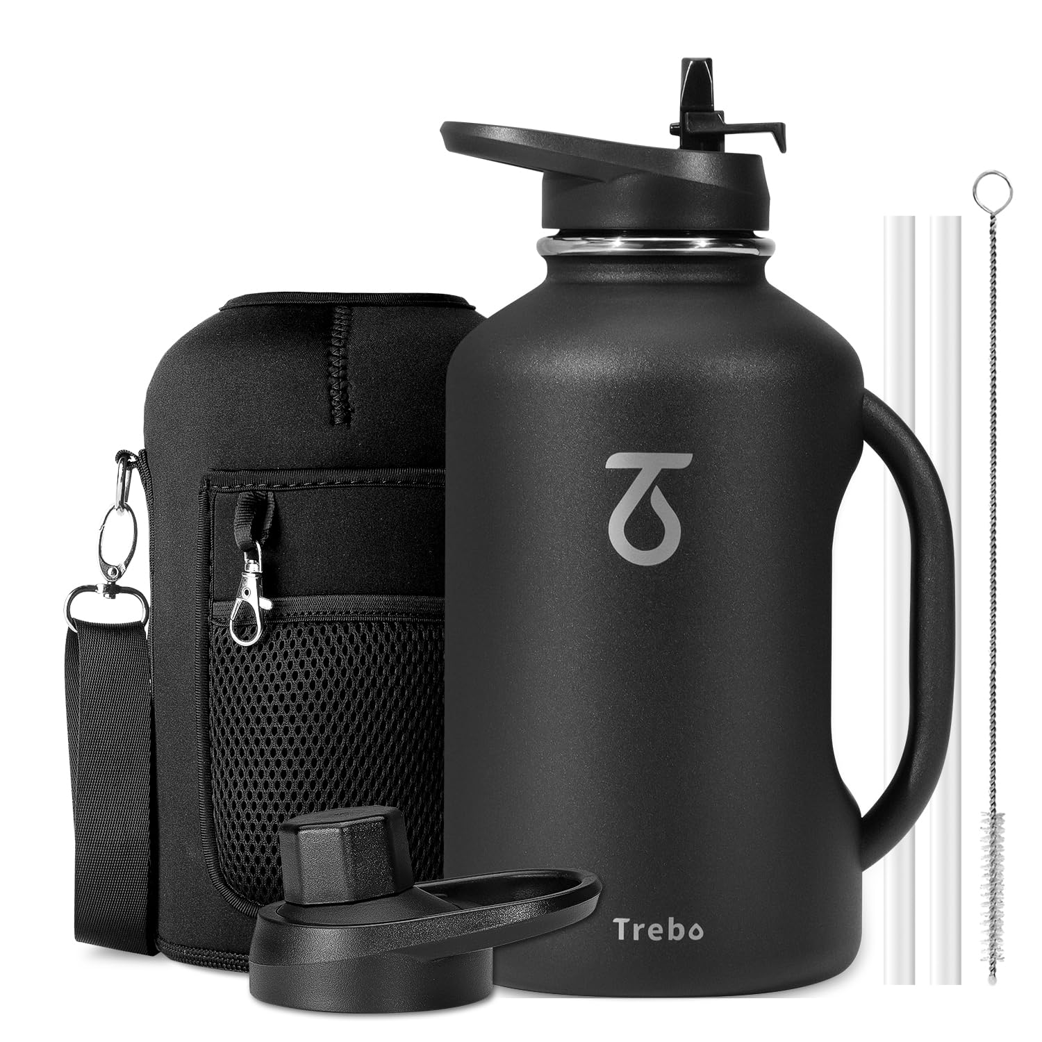 Trebo Half Gallon Water Bottle 64oz with Handle,Double Wall Vacuum Insulated Large Water Jug,Stainless Steel Water Bottle Flask,Wide Mouth Water Bottles with Straw Spout Lids Strap,Black