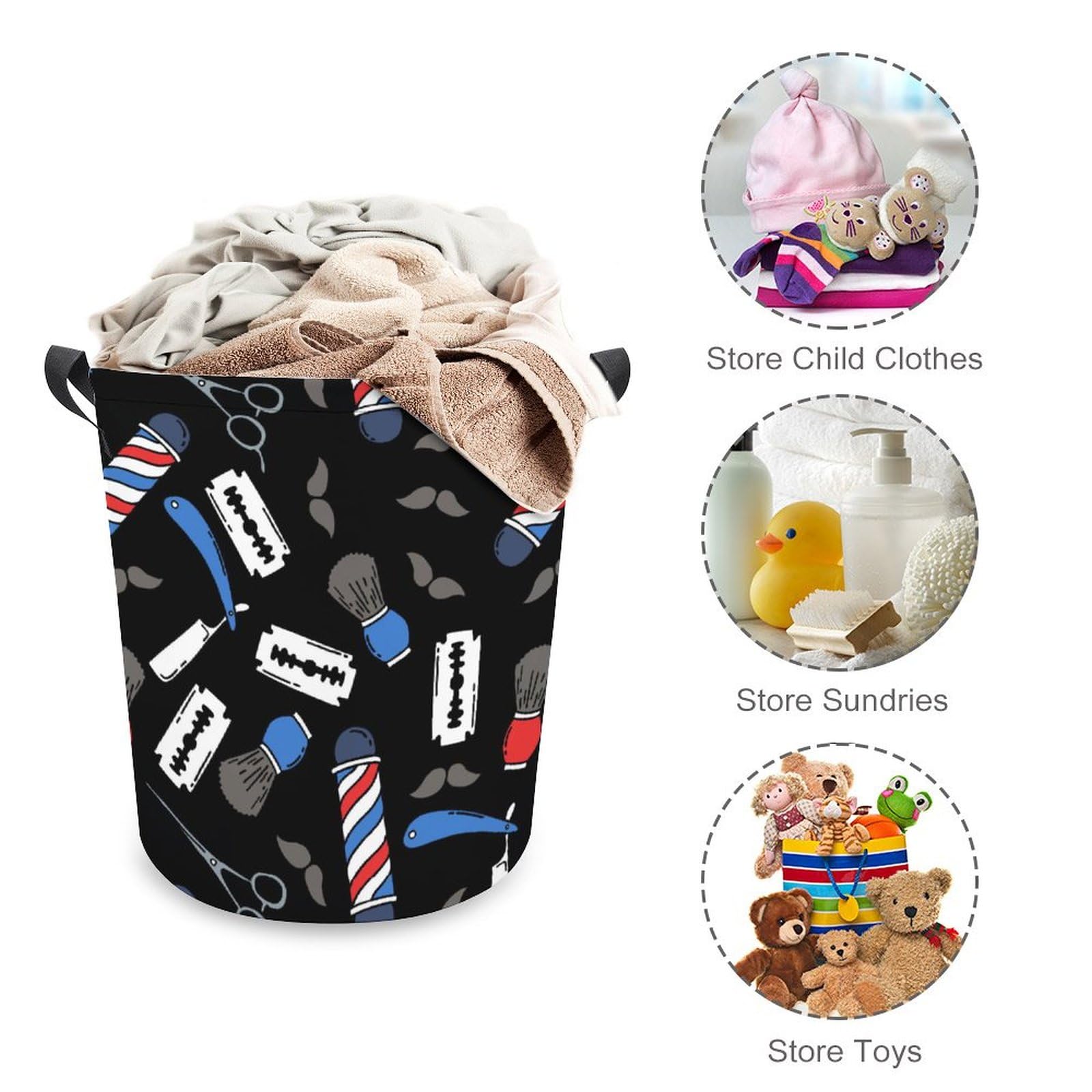 TsyTma Barbershop Laundry Basket Brush Razor Small Laundry Hamper Collapsible Clothes Hamper with Handles Round Toy Organizer Bin for Kid's Room Office Nursery Hamper Home Decor