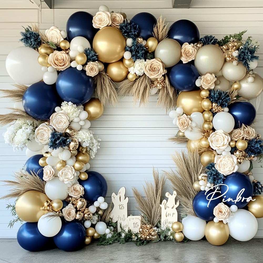 Navy Blue White Balloons Double Stuffed Balloons 18/12/10/5 inch Royal Blue Gold Pearl White Sand Dark Blue Cream Balloon Arch Garland Kit for Anniversary Wedding Graduation Birthday Party Decorations