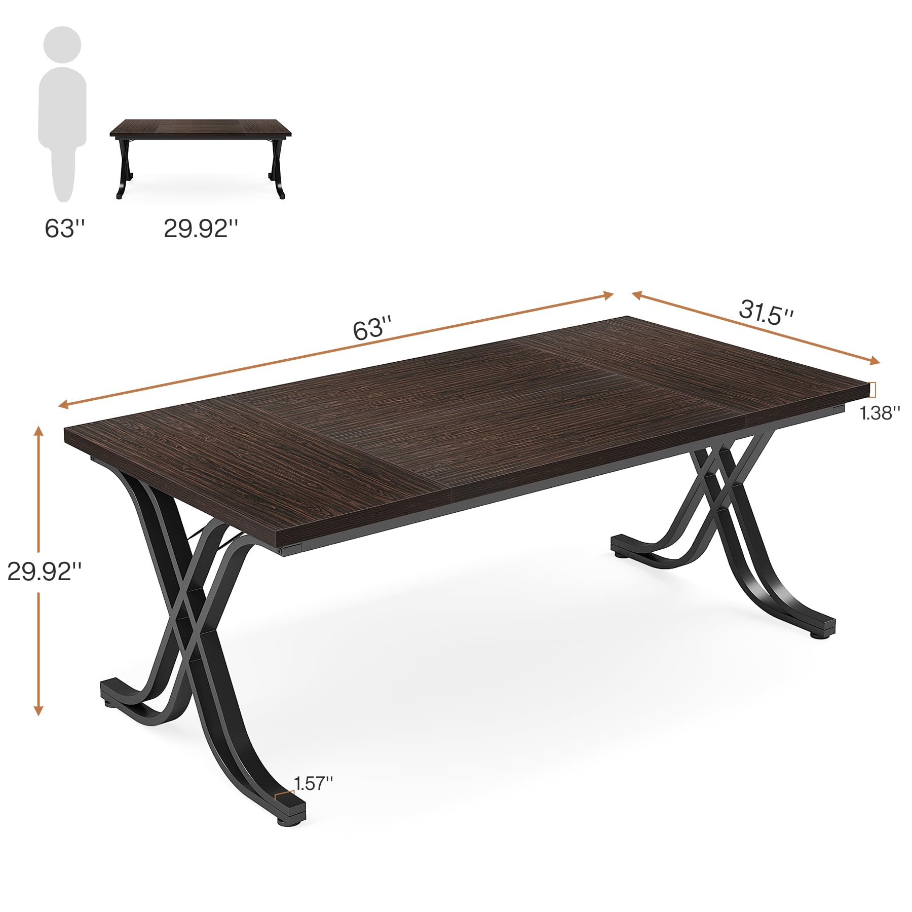 Tribesigns 63 Inch Executive Desk, Large Office Computer Desk with Thick Wooden Tabletop and Metal Frame, Modern Simple Workstation Writing Table Study Desk for Home Office, Walnut Brown