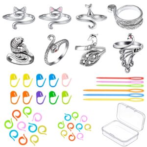 gysyell 8 pcs crochet ring with 30 stitch markers and 6 pcs large eye plastic sewing needles,crochet ring for finger with storage box,crochet tension ring for diy crocheting and sewing crafts