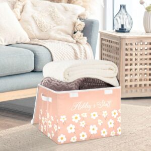 Sinestour Pink Flowers Custom Storage Bins with Lid Foldable Personalized Name Storage Basket Box with Handle Shelf Basket Closet Organizer for Clothes Office