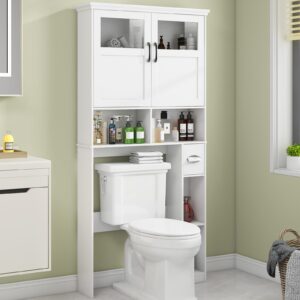 vabches over the toilet storage cabinet, storage cabinet over toilet with double doors & toilet paper holder stand, freestanding toilet shelf space saver with anti-tip design & adjustable shelf, white