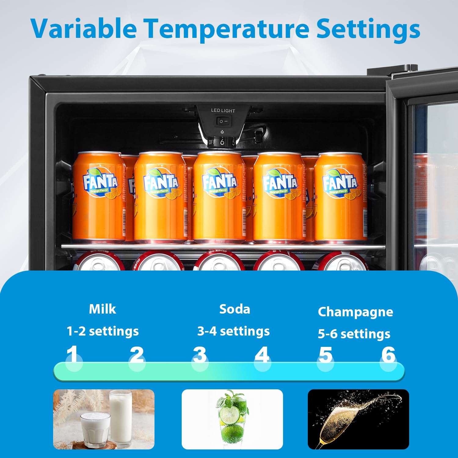 Midea MERV115T3AST 115 Cans Beverage Refrigerator with Adjustable Temperature, Removable Glass Shelf, LED Light, Silver