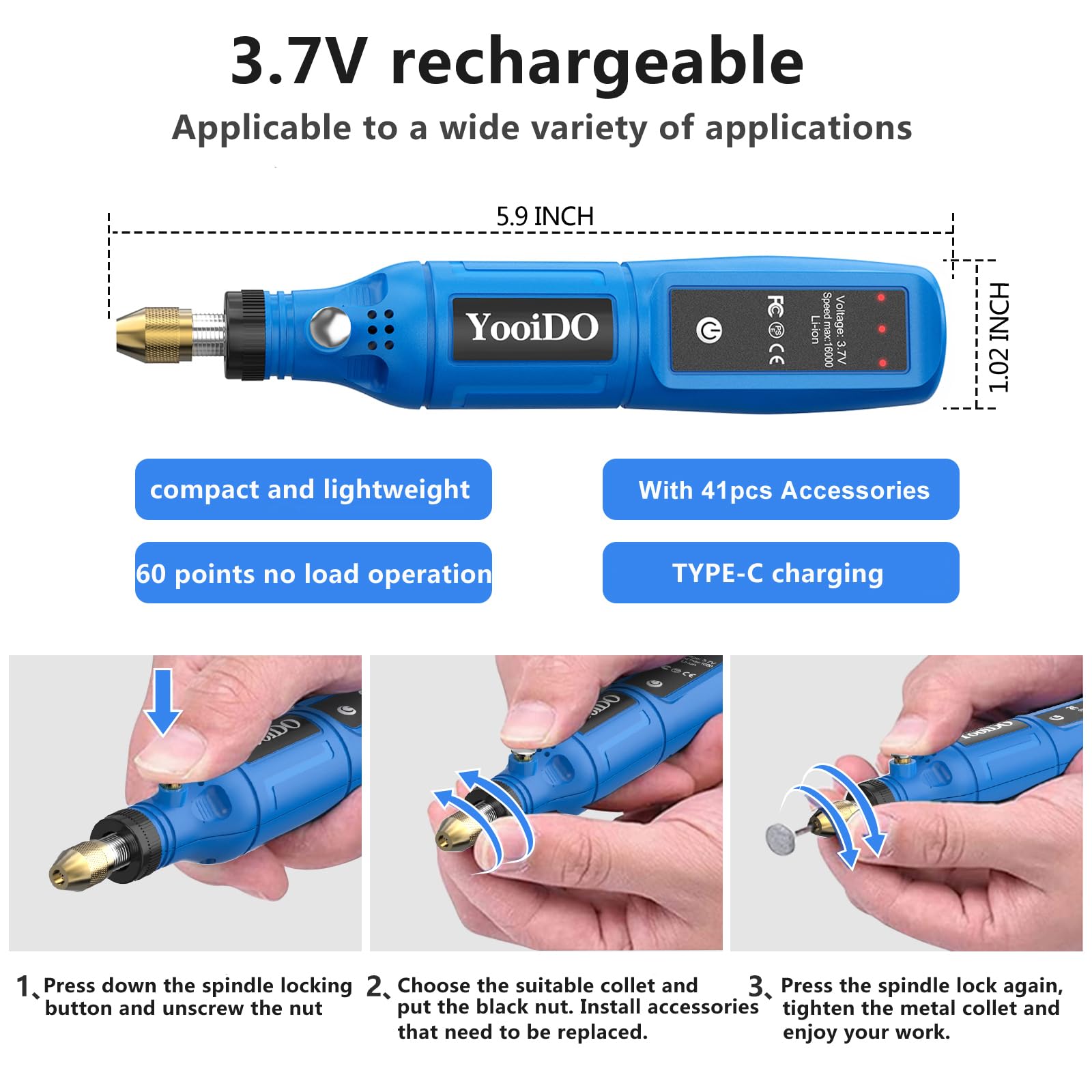 Mini Cordless Rotary, mini drill,3-Speed 3.7V rechargeable Kit with 41 Accessories, 16000rpm Multi-Purpose Power Tool for Sanding, Polishing, Grinding, Drilling, Engraving, DIY Crafts (Blue)