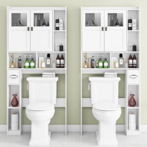 Vabches Over The Toilet Storage Cabinet, Bathroom Shelf Over Toilet with Glass Doors and Adjustable Shelves, White Freestanding Home Space Save Toilet Rack, for Restroom, Bathroom, Laundry