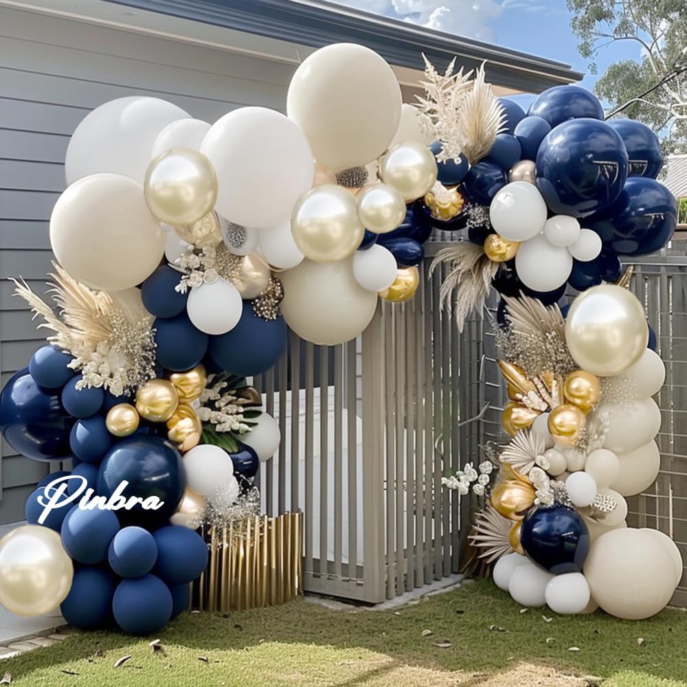 Navy Blue White Balloons Double Stuffed Balloons 18/12/10/5 inch Royal Blue Gold Pearl White Sand Dark Blue Cream Balloon Arch Garland Kit for Anniversary Wedding Graduation Birthday Party Decorations