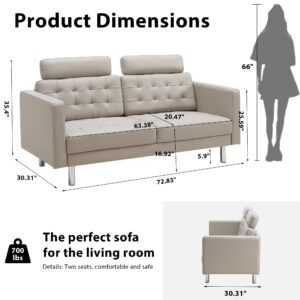 RXRRXY 72'' Top-Grain Loveseat Leather Sofa Couch, Modern Genuine Leather Love Seat Sofa Couch with Sofa Pillows and Classic Button Tufted Design for Living Room, Bedroom, Apartment (Beige)