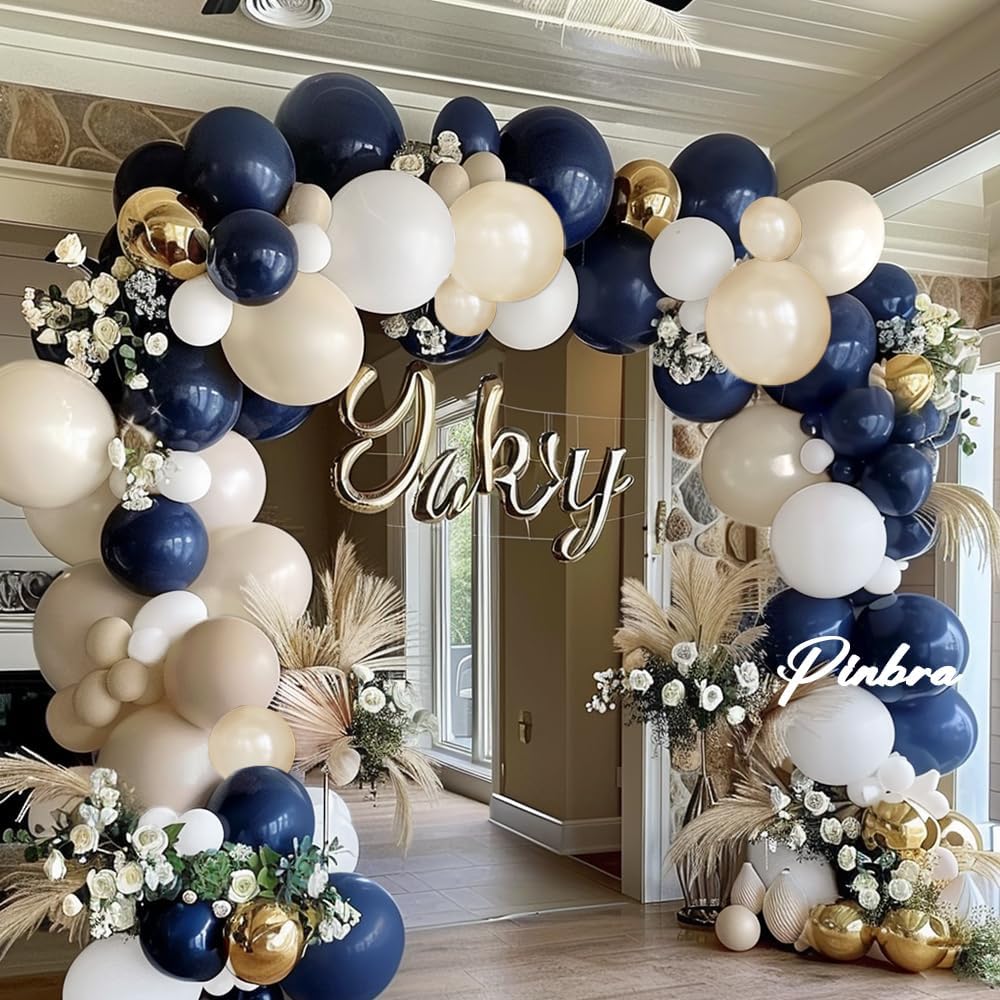 Navy Blue White Balloons Double Stuffed Balloons 18/12/10/5 inch Royal Blue Gold Pearl White Sand Dark Blue Cream Balloon Arch Garland Kit for Anniversary Wedding Graduation Birthday Party Decorations