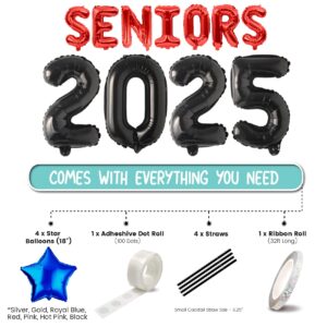 Seniors 2025 Balloons with 4 Star Balloons - High School College Seniors Decorations Balloons - 2024 Seniors Banner for Graduation Party Decor Foil Letter Balloons with Ribbon, Straws & Adhesive Dots