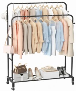 sooyee double rod clothing rack with wheels,3 tier garment racks for hanging clothes,portable clothes rack with 4 hooks for bedroom,laundry room,black