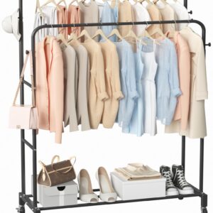 Sooyee Double Rod Clothing Rack with Wheels,3 Tier Garment Racks for Hanging Clothes,Portable Clothes Rack with 4 Hooks for Bedroom,Laundry Room,Black