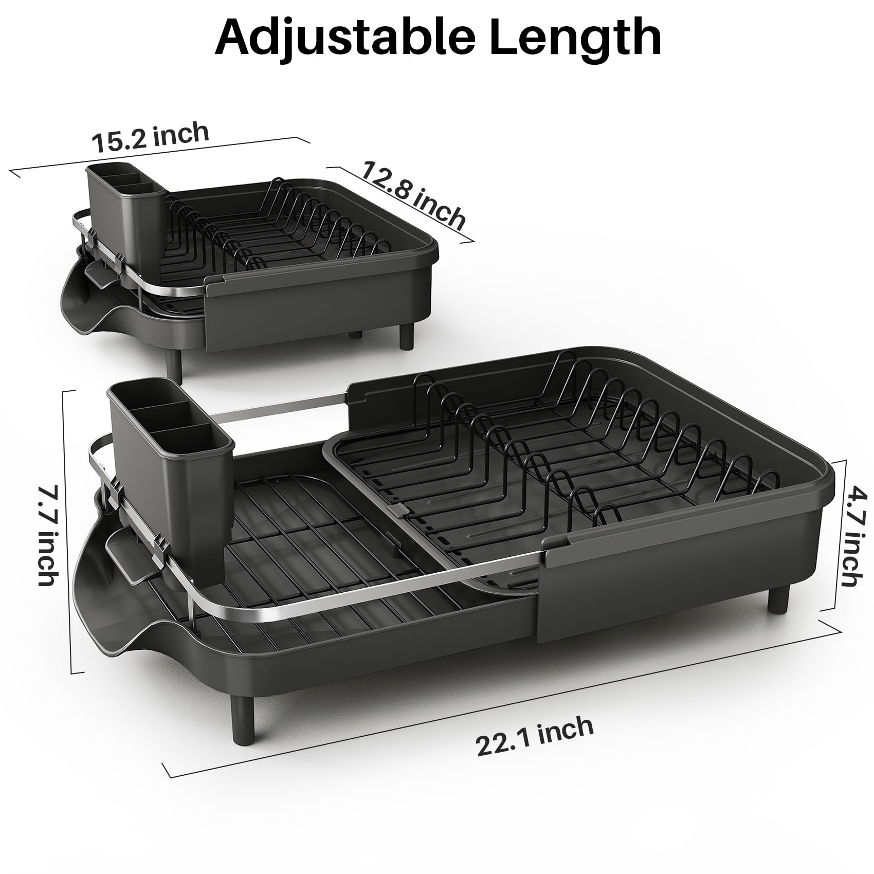 Dish Drying Rack, Expandable Dish Rack for Kitchen Counter, Stainless Steel Dish Drainer with Drainboard Set and Utensil Holder (Black)