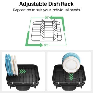 Dish Drying Rack, Expandable Dish Rack for Kitchen Counter, Stainless Steel Dish Drainer with Drainboard Set and Utensil Holder (Black)