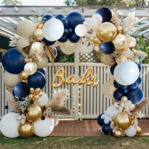 Navy Blue White Balloons Double Stuffed Balloons 18/12/10/5 inch Royal Blue Gold Pearl White Sand Dark Blue Cream Balloon Arch Garland Kit for Anniversary Wedding Graduation Birthday Party Decorations