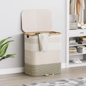 Double Laundry Hamper with Lid and Removable Bags, 150L Large Collapsible 2 Dividers Dirty Clothes Basket with Handles, Beige Laundry Basket Organizer for Bedroom,Laundry Room,Closet,Bathroom,College