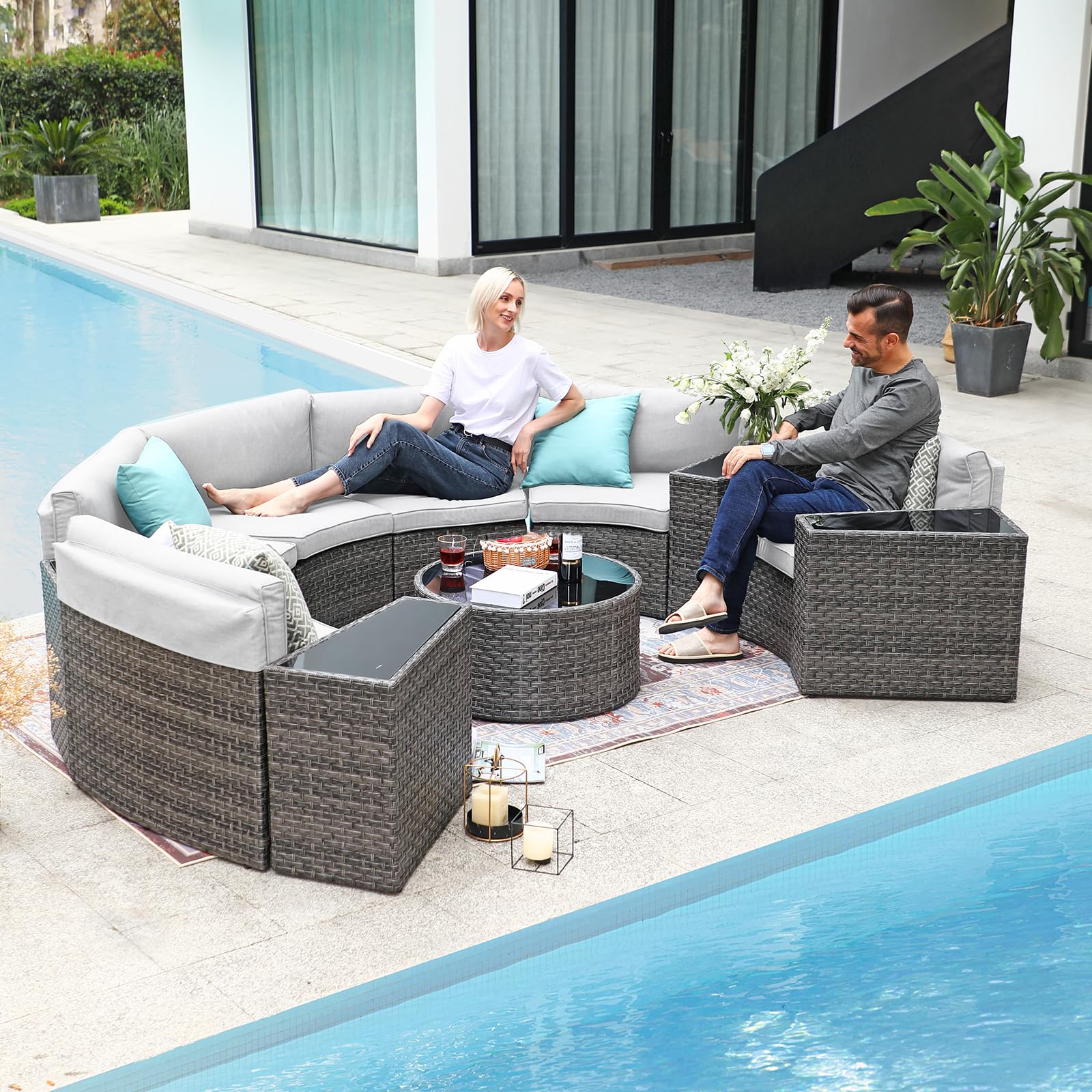 SUNSITT Outdoor Patio Furniture 11-Piece Half-Moon Sectional Round Patio Furniture Set Curved Outdoor Sofa with Tempered Glass Round Coffee Table, 4 Pillows, Grey Rattan & Light Grey Cushion