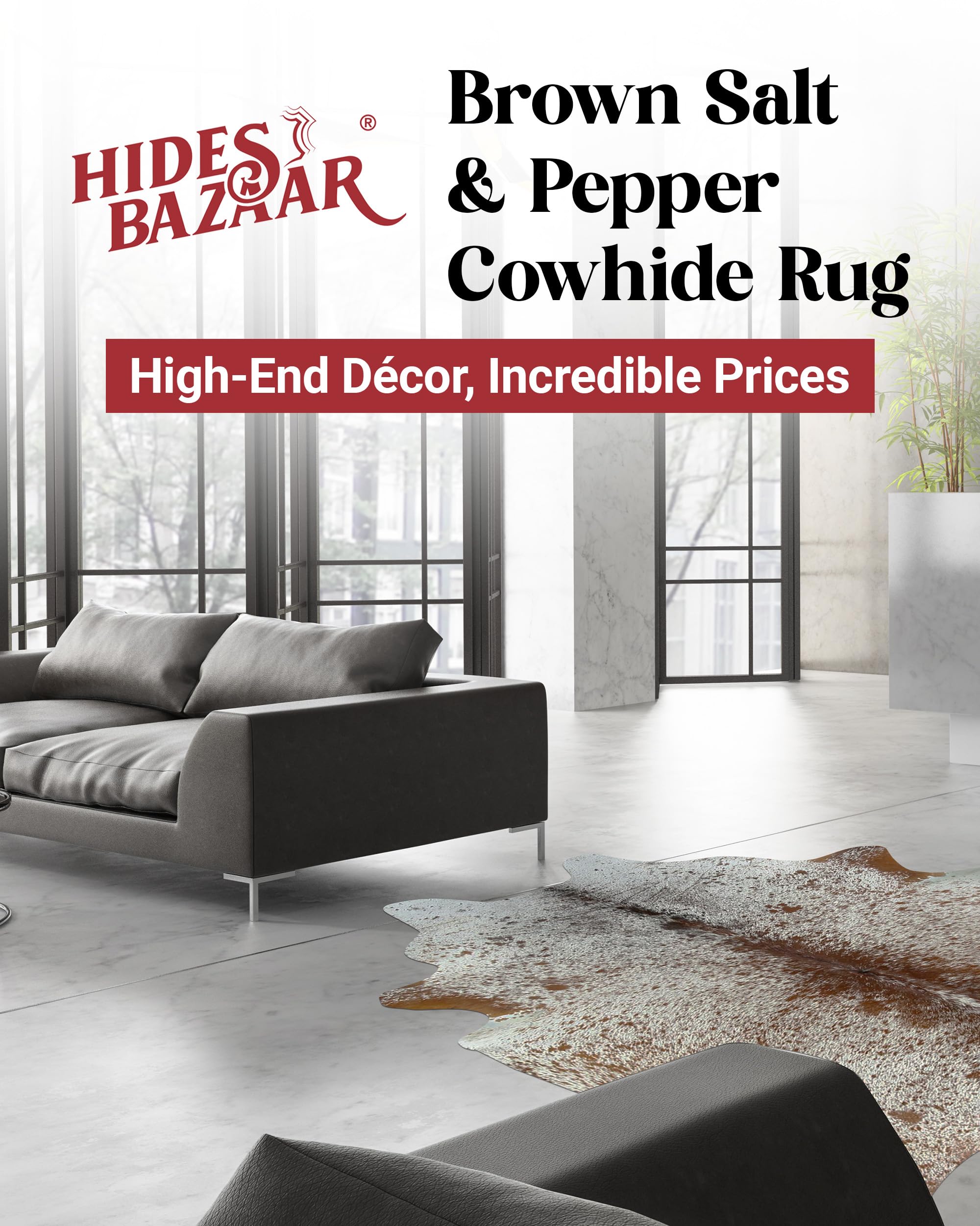 HIDES BAZAAR Cow Rugs for Living Room & Office Premium Salt and Pepper Rug Cowhide Rug - Brown & White Cowskin Rugs Made from Genuine Cowhide Leather - Cow Hide Rugs 6x8 ft