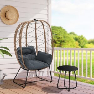 jearey egg chair with side table, oversized outdoor indoor lounger with 350lbs capacity wicker egg chair with stand cushion, egg basket chair set for patio, porch, bedroom(grey)…