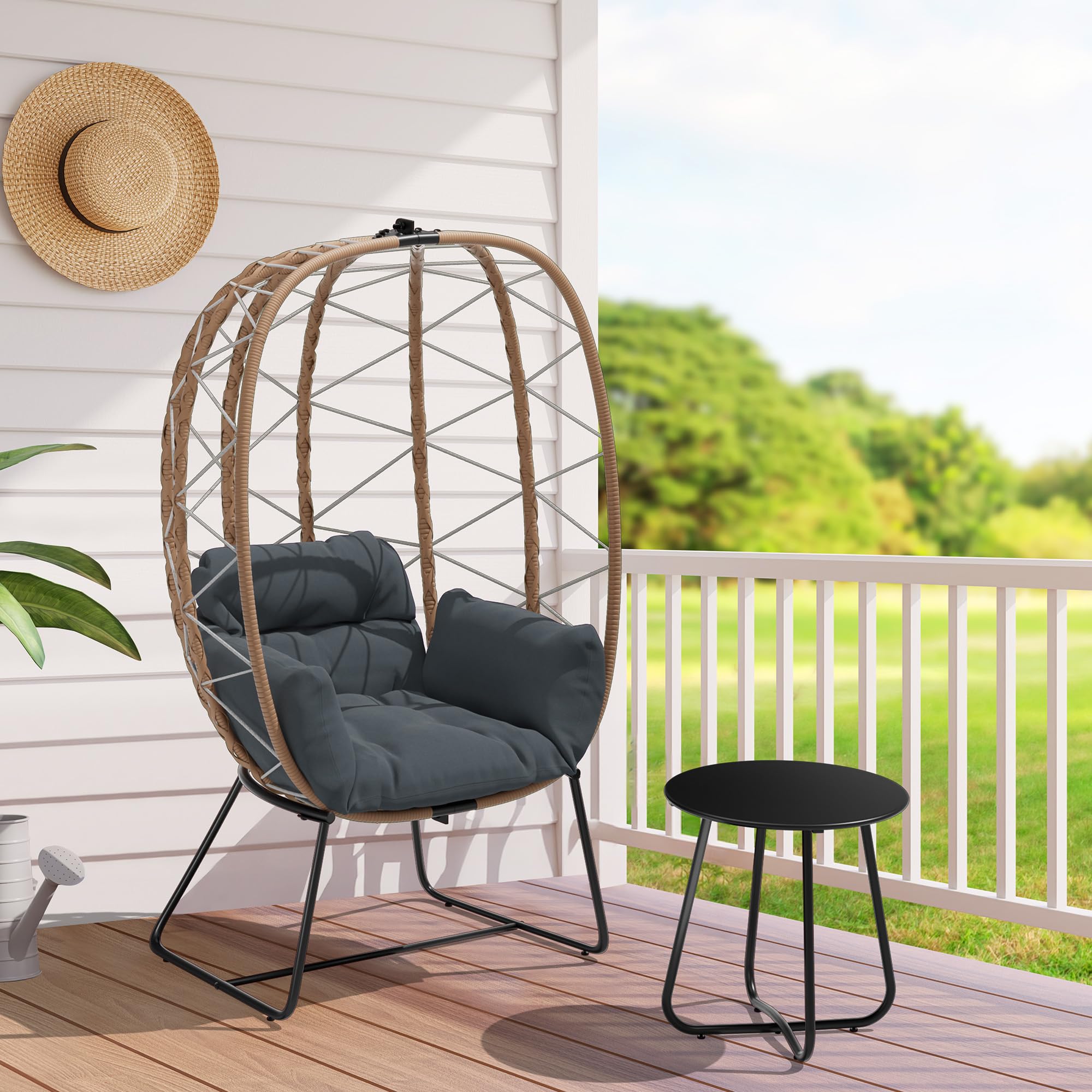 JEAREY Egg Chair with Side Table, Oversized Outdoor Indoor Lounger with 350lbs Capacity Wicker Egg Chair with Stand Cushion, Egg Basket Chair Set for Patio, Porch, Bedroom(Grey)…