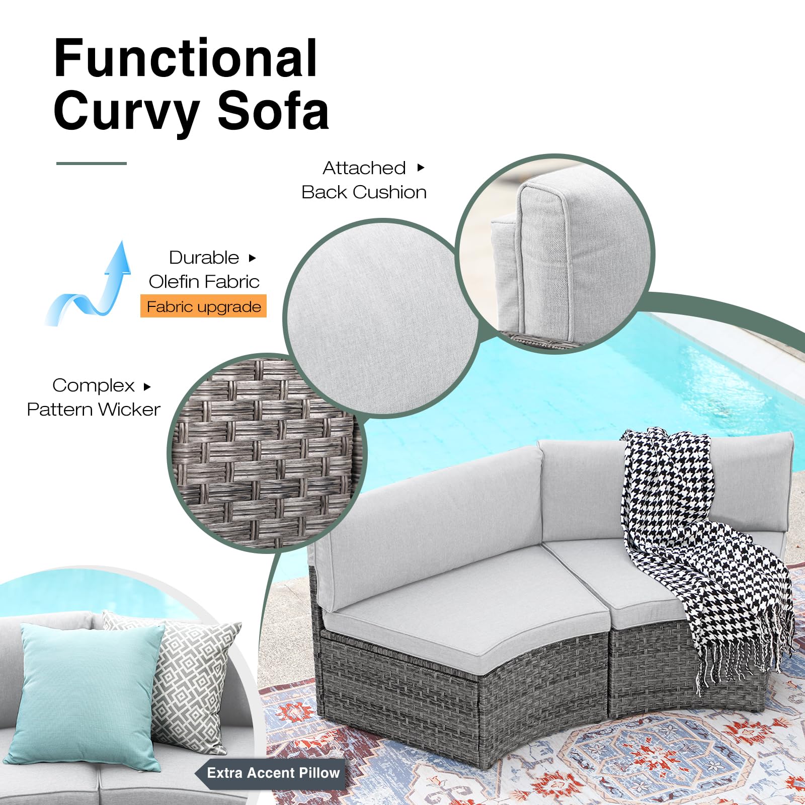 SUNSITT Outdoor Patio Furniture 11-Piece Half-Moon Sectional Round Patio Furniture Set Curved Outdoor Sofa with Tempered Glass Round Coffee Table, 4 Pillows, Grey Rattan & Light Grey Cushion