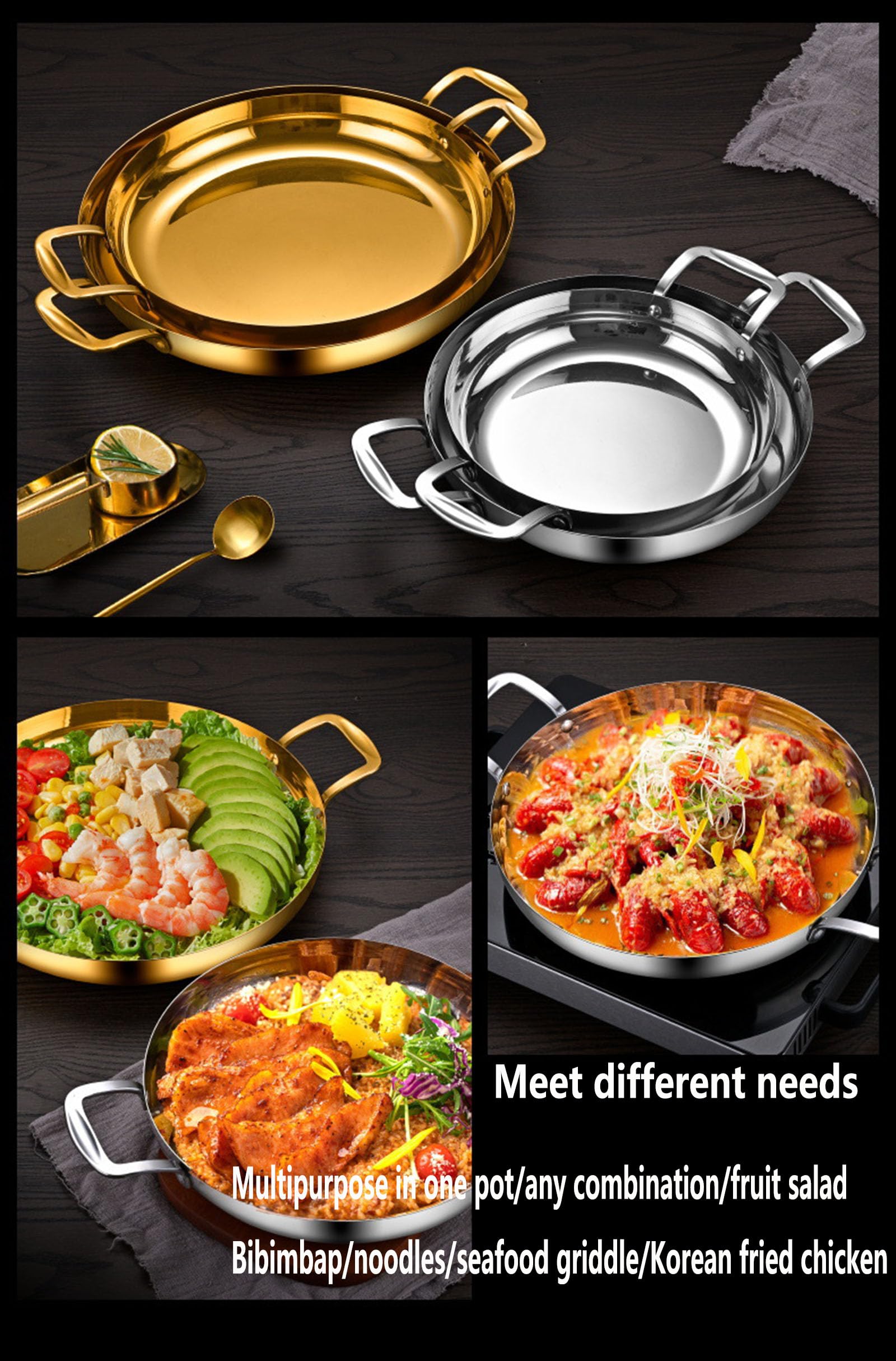 GFHVDC Paella Pan Gold Stainless Steel Skillet Pan Large Skillet,Griddle,Large Saute Pan with Lid,Jumbo Cooker,Induction Pan,Dishwasher and Oven Safe For Home Cooking,Gold,36CM