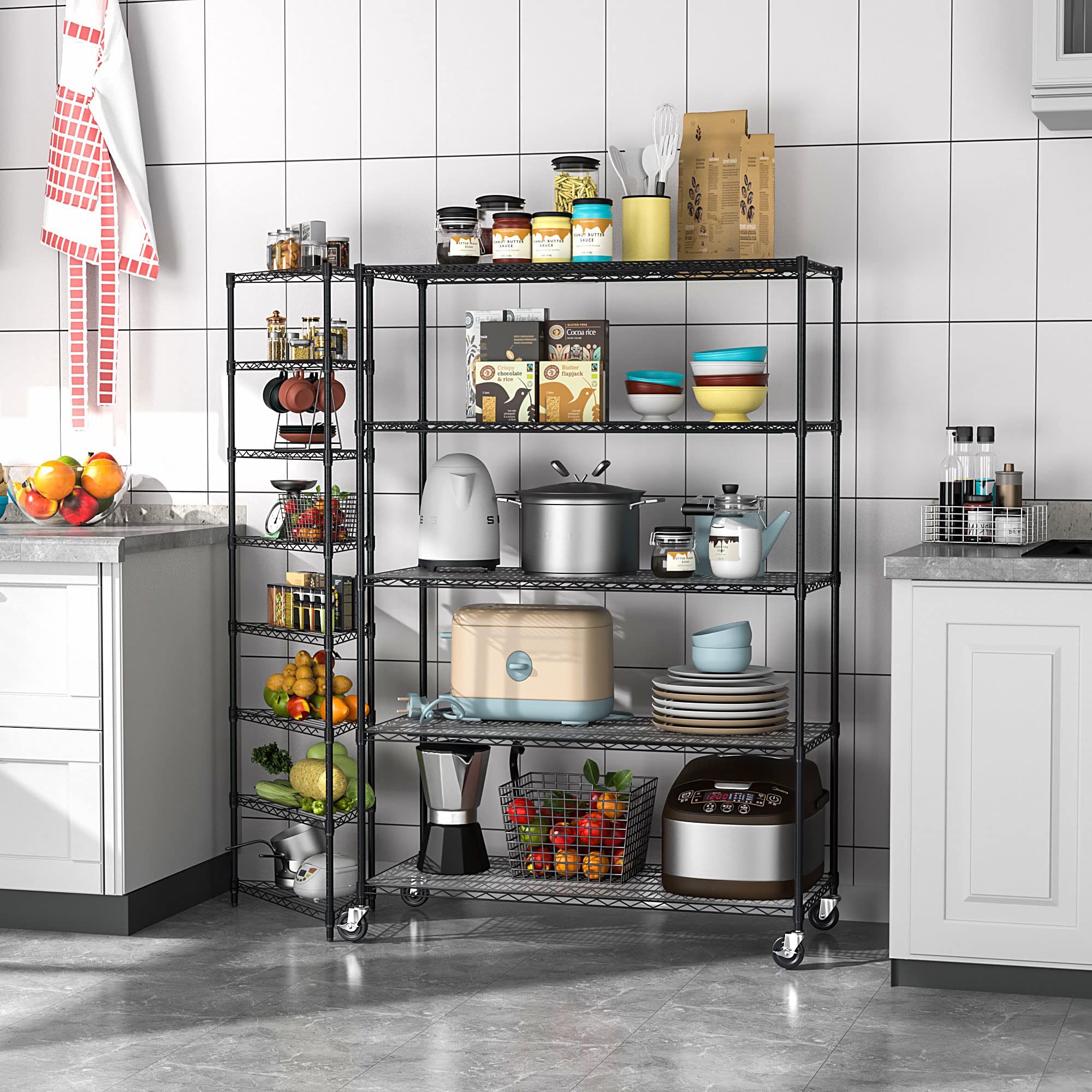 5 Tier NSF Metal Shelf Wire Shelving Unit, Heavy Duty Adjustable Storage Rack with Wheels & Shelf Liners, Black - 82" H x 48" L x 24" D 6000lbs Capacity