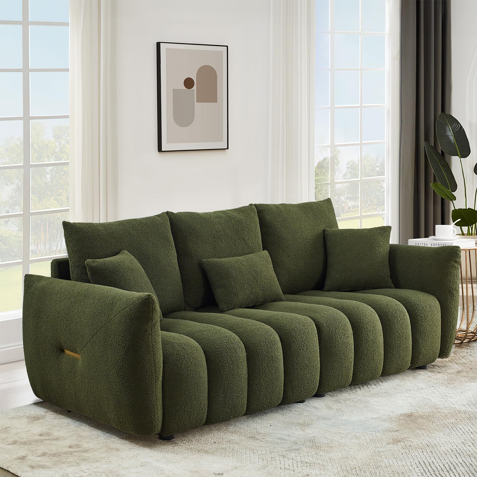 Antetek 82" Modern Sofa Couch, Comfy Deep Seat Teddy Cloud Sofa, Upholstered 3-Seater Boucle Couch, Oversized Loveseat for Living Room, Bedroom, Office, Apartment, Green