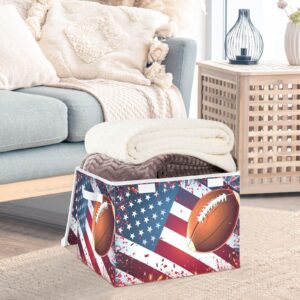 Storage Bins with Lids and Handles,Football and American Flag Storage Box Storage Basket with Cover Collapsible Organizer Containers for Home Closet, Shelves