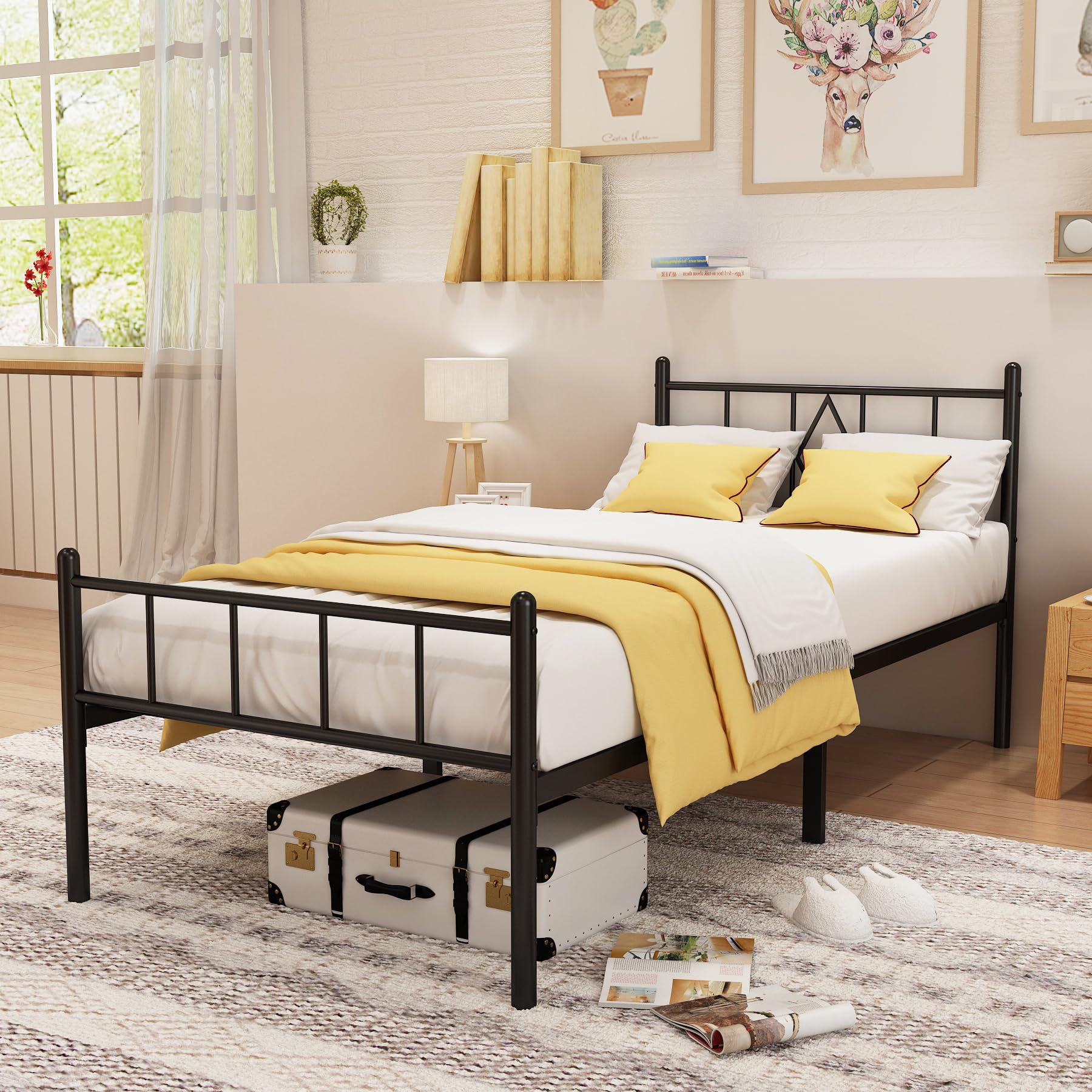 ZINUCOZY 14 in Twin Bed Frame with Headboard and Footboard No Box Spring Needed Heavy Duty Platform 450 lbs Noise Free Easy to Assemble Bed Frame Twin Size Non-Slip Black Twin Metal Frame