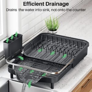 Dish Drying Rack, Expandable Dish Rack for Kitchen Counter, Stainless Steel Dish Drainer with Drainboard Set and Utensil Holder (Black)