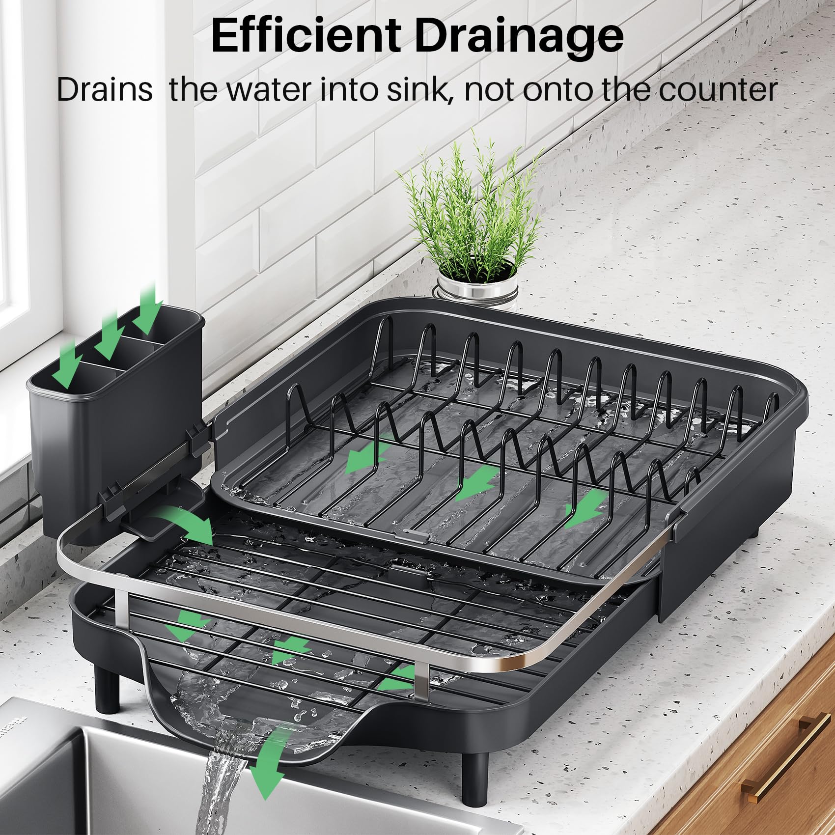 Dish Drying Rack, Expandable Dish Rack for Kitchen Counter, Stainless Steel Dish Drainer with Drainboard Set and Utensil Holder (Black)