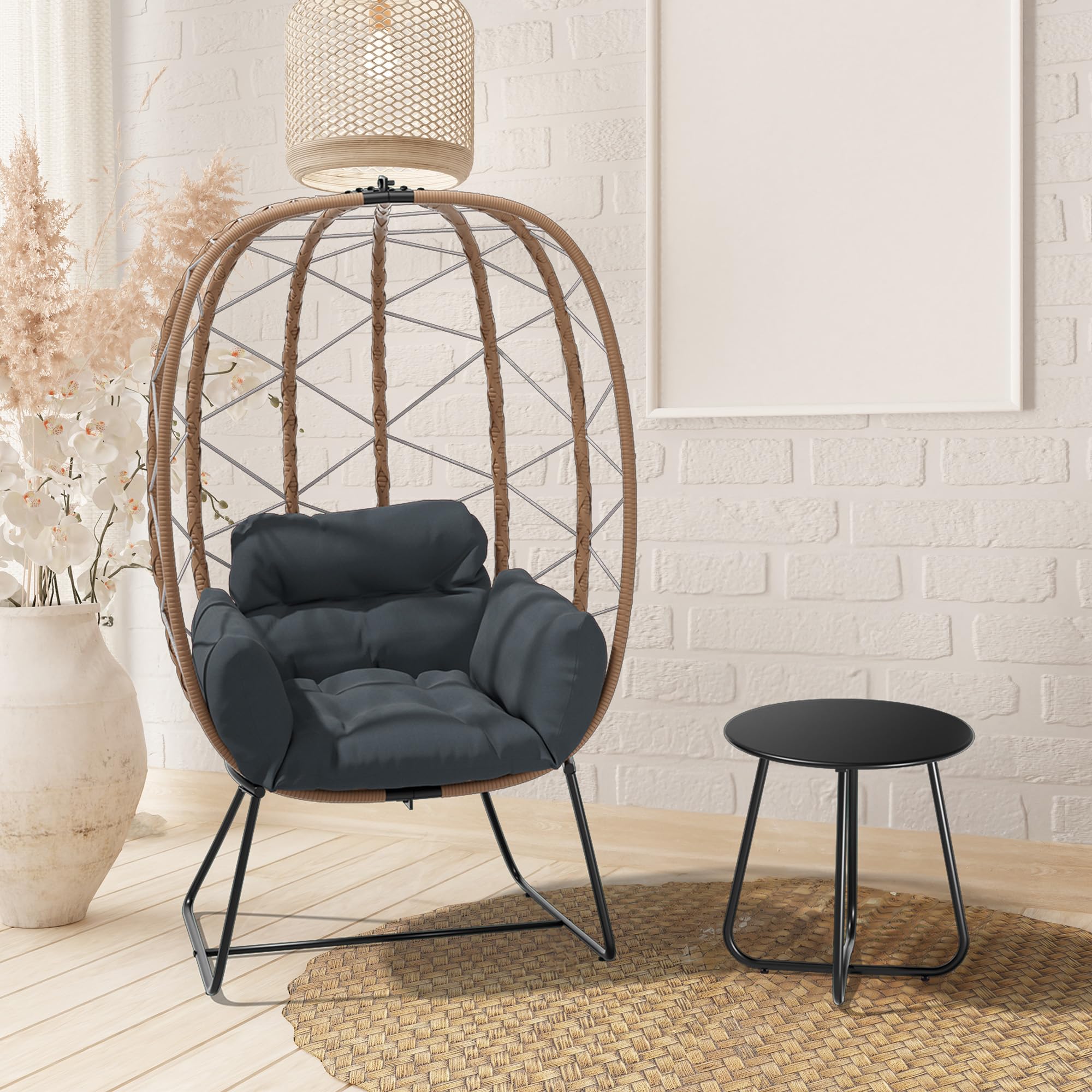 JEAREY Egg Chair with Side Table, Oversized Outdoor Indoor Lounger with 350lbs Capacity Wicker Egg Chair with Stand Cushion, Egg Basket Chair Set for Patio, Porch, Bedroom(Grey)…