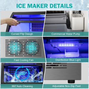 RAPSUAR Commercial Ice Maker Machine, 150Lbs/24H with 45Lbs Large Ice Capacity, 55Pcs Clear Ice Cubes Ready in 8-15Mins, Freestanding Stainless Steel Ice Making Machine for Home Party Bar