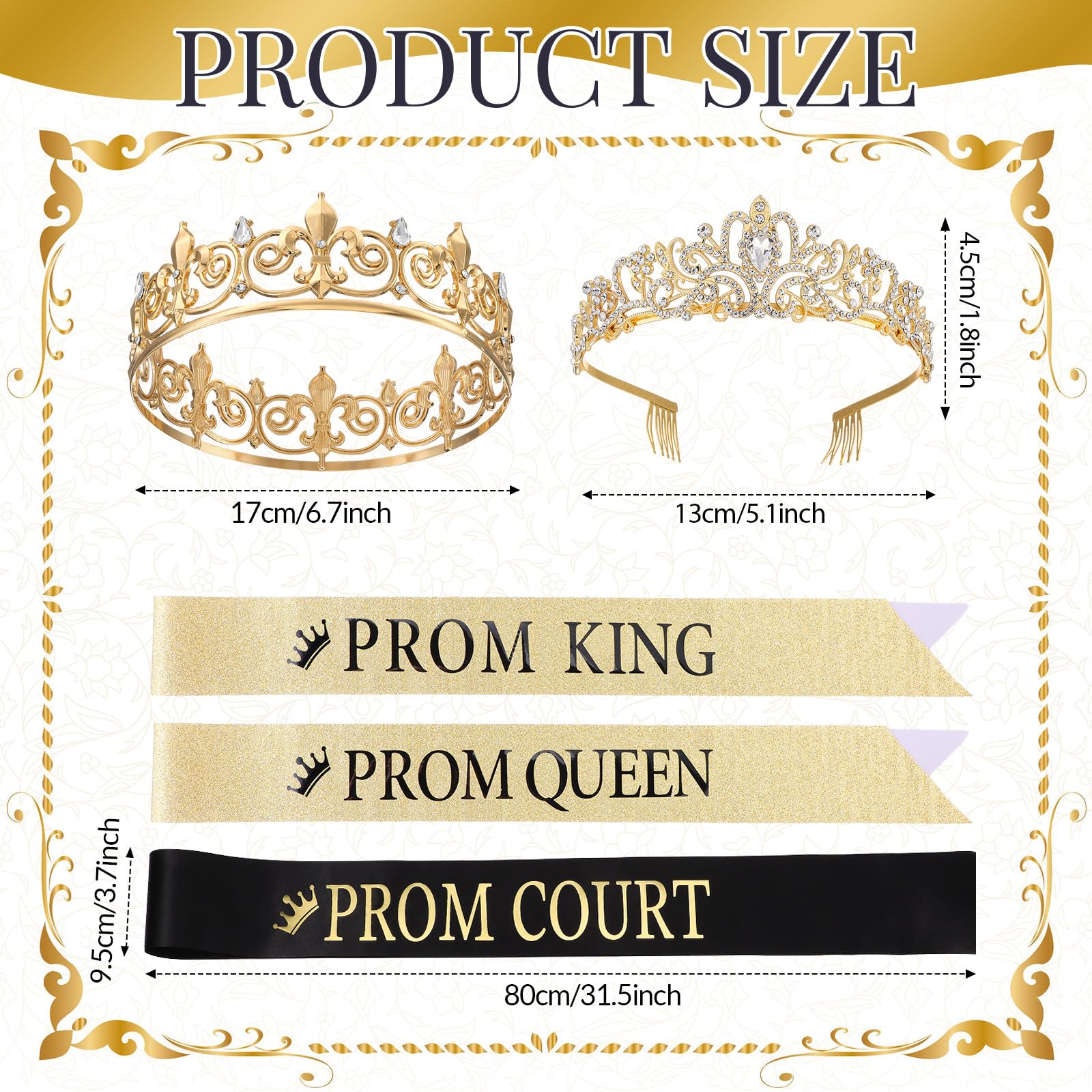 Saintrygo 12 Pcs Prom Crown and Sash Set, Prom King and Prom Queen Tiara Rhinestone Crown Glitter Sash Prom Court Royal Satin Sash for Graduation Prom Night Party Birthday Accessory (Gold,Stylish)