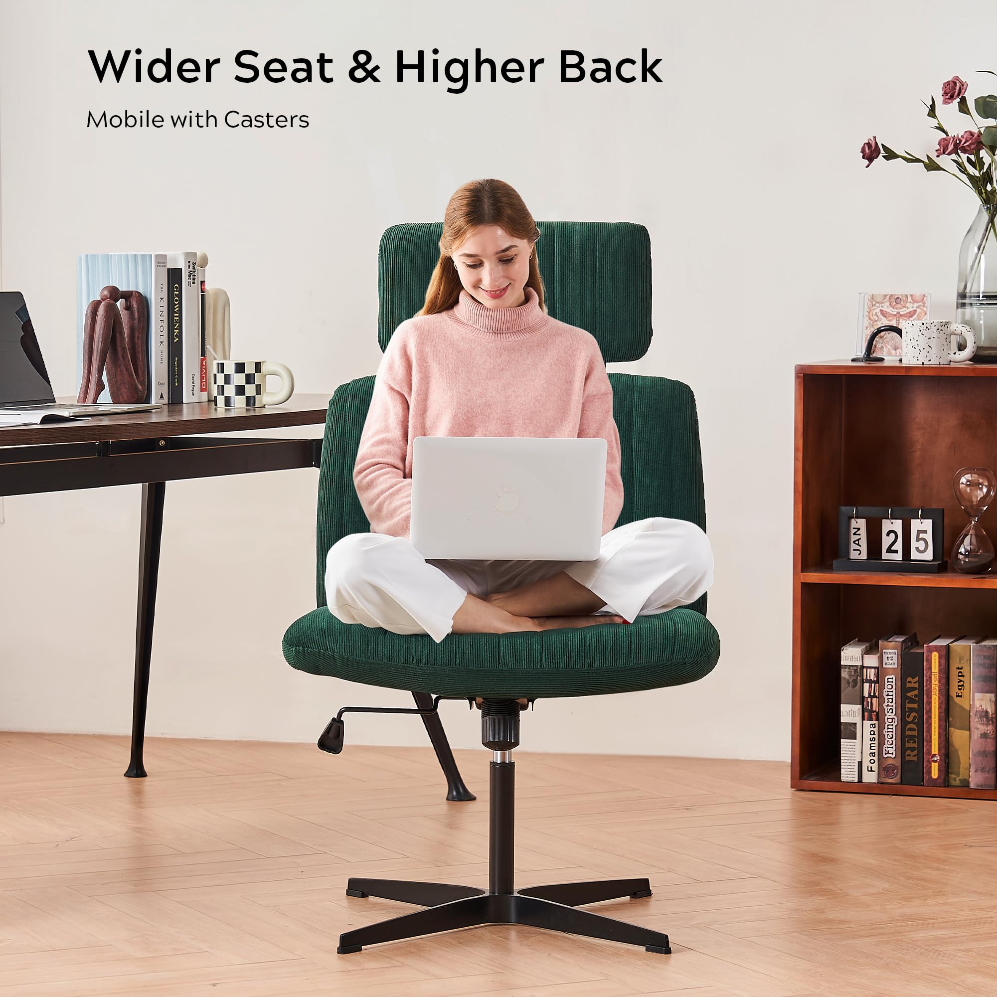 EYYTHUNG Home Office Chair No Wheels with Headrest Extra Wide Crossed Armless Desk Chair Adjustable Makeup Chair for Bedroom Dark Green