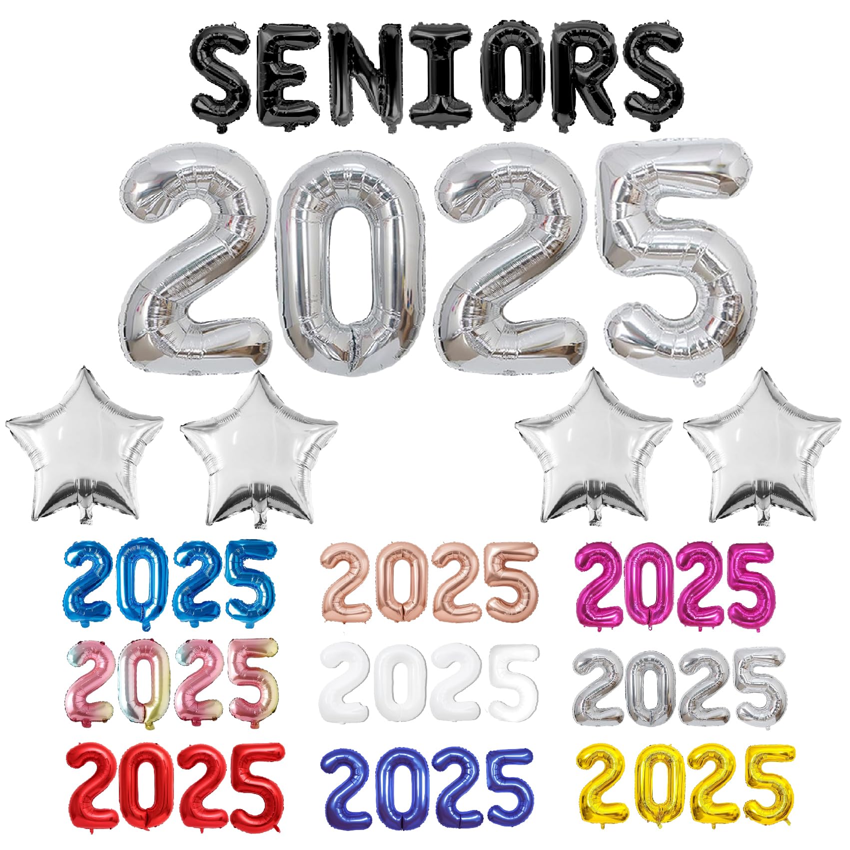 Seniors 2025 Balloons with 4 Star Balloons - High School College Seniors Decorations Balloons - 2024 Seniors Banner for Graduation Party Decor Foil Letter Balloons with Ribbon, Straws & Adhesive Dots