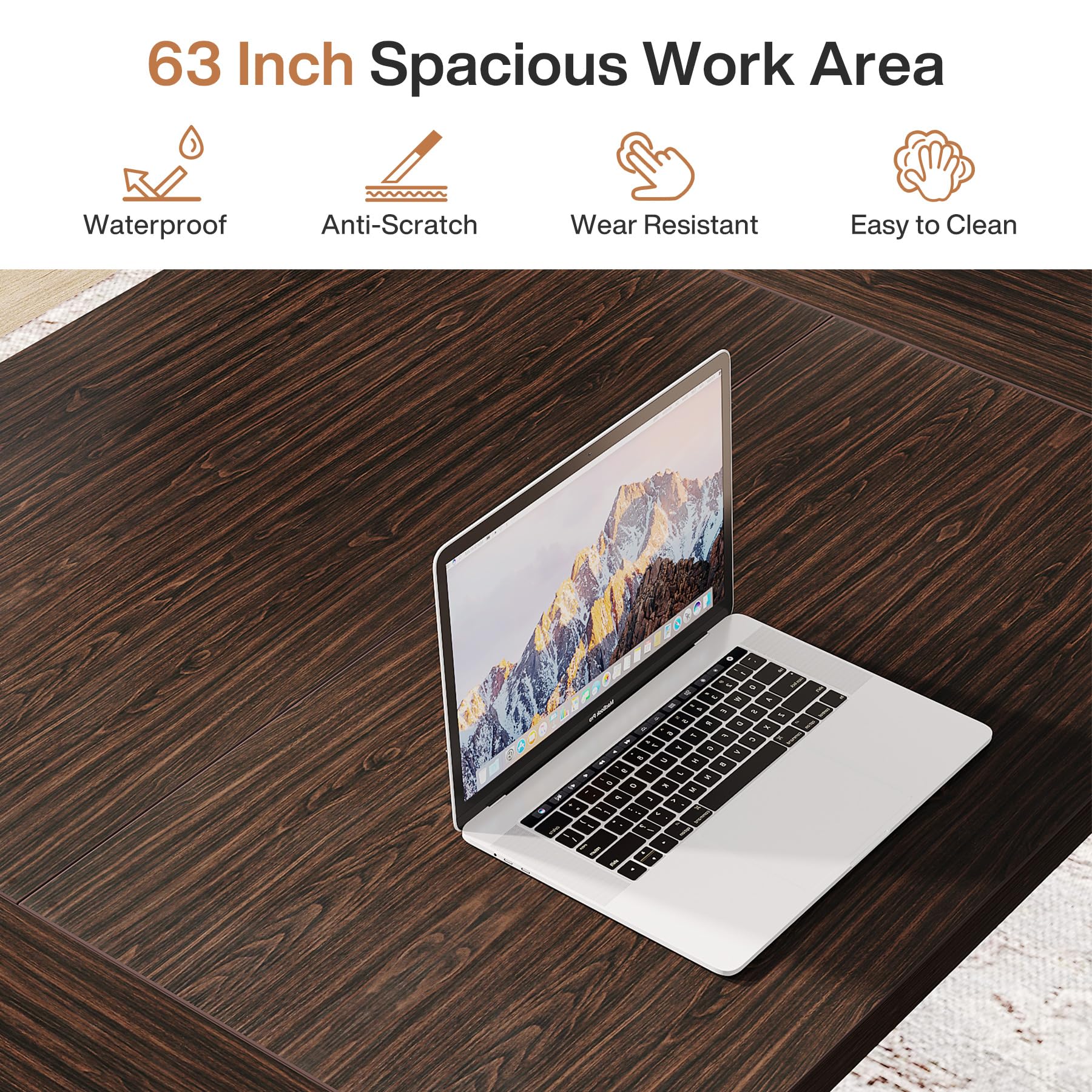 Tribesigns 63 Inch Executive Desk, Large Office Computer Desk with Thick Wooden Tabletop and Metal Frame, Modern Simple Workstation Writing Table Study Desk for Home Office, Walnut Brown