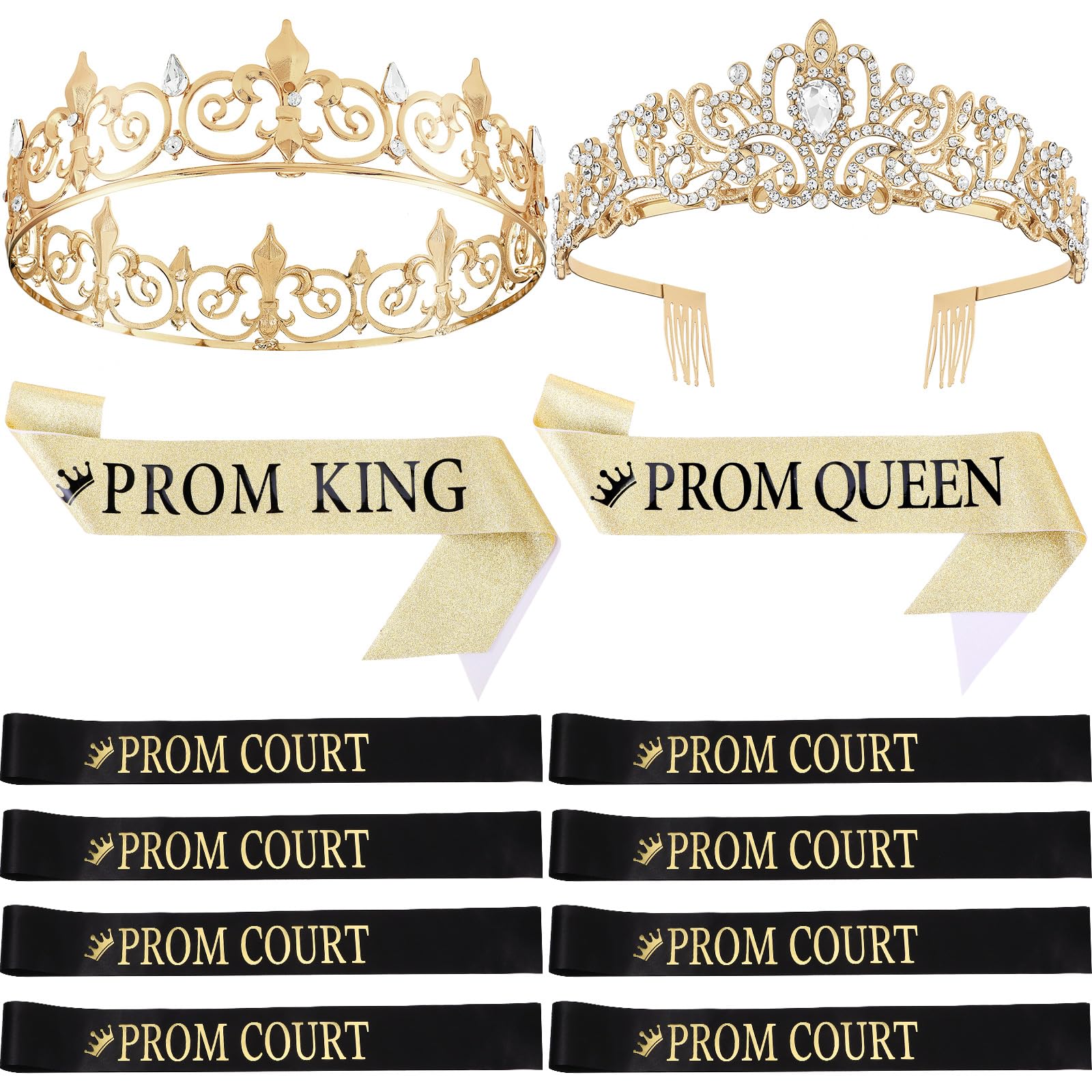 Saintrygo 12 Pcs Prom Crown and Sash Set, Prom King and Prom Queen Tiara Rhinestone Crown Glitter Sash Prom Court Royal Satin Sash for Graduation Prom Night Party Birthday Accessory (Gold,Stylish)