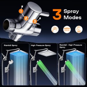 PinWin LED Shower Head, 8'' Large LED Rainfall Shower Head with 16'' Adjustable Upgraded Extension Arm,High Pressure Handheld Spray with LED Color Changing Based on Water Temperature,Easy Installation