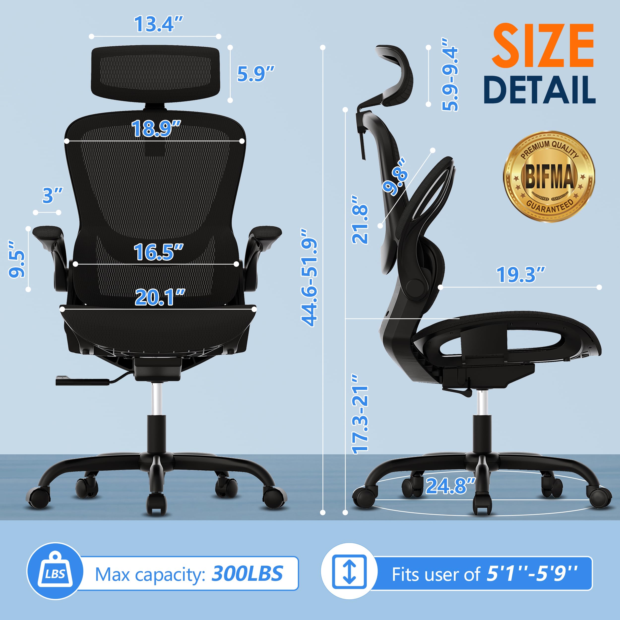 GABRYLLY Ergonomic Mesh Office Chair, Adjustable Home Desk Chair with Folding Armrest, 2D Headrest, Soft Seat and PU Wheel, Black Swivel Task Chair for Office, Business, Student (GY1108)