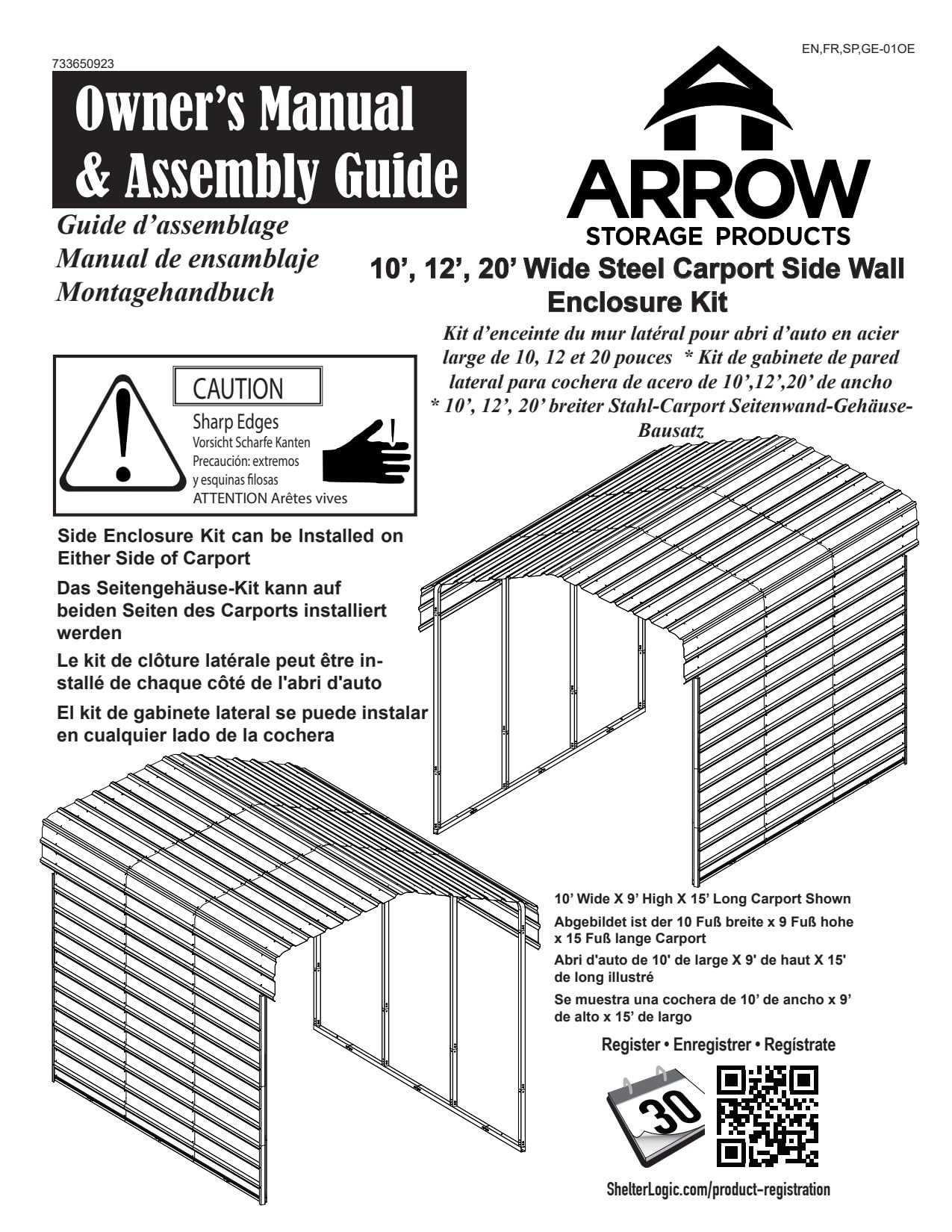 Arrow 29' x 9' One-Sided Carport Enclosure Wall Kit for 7' or 9' Carports, Heavy-Duty Galvanized Steel Carport Enclosure Panel, 1 Wall, Charcoal