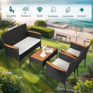 JAMFLY Patio Furniture Set 4 Piece Conversation Set Outdoor Wicker Rattan Chairs Backyard Pool Garden Porch Balcony Patio Loveseat with Cushions and Table, Black/Beige