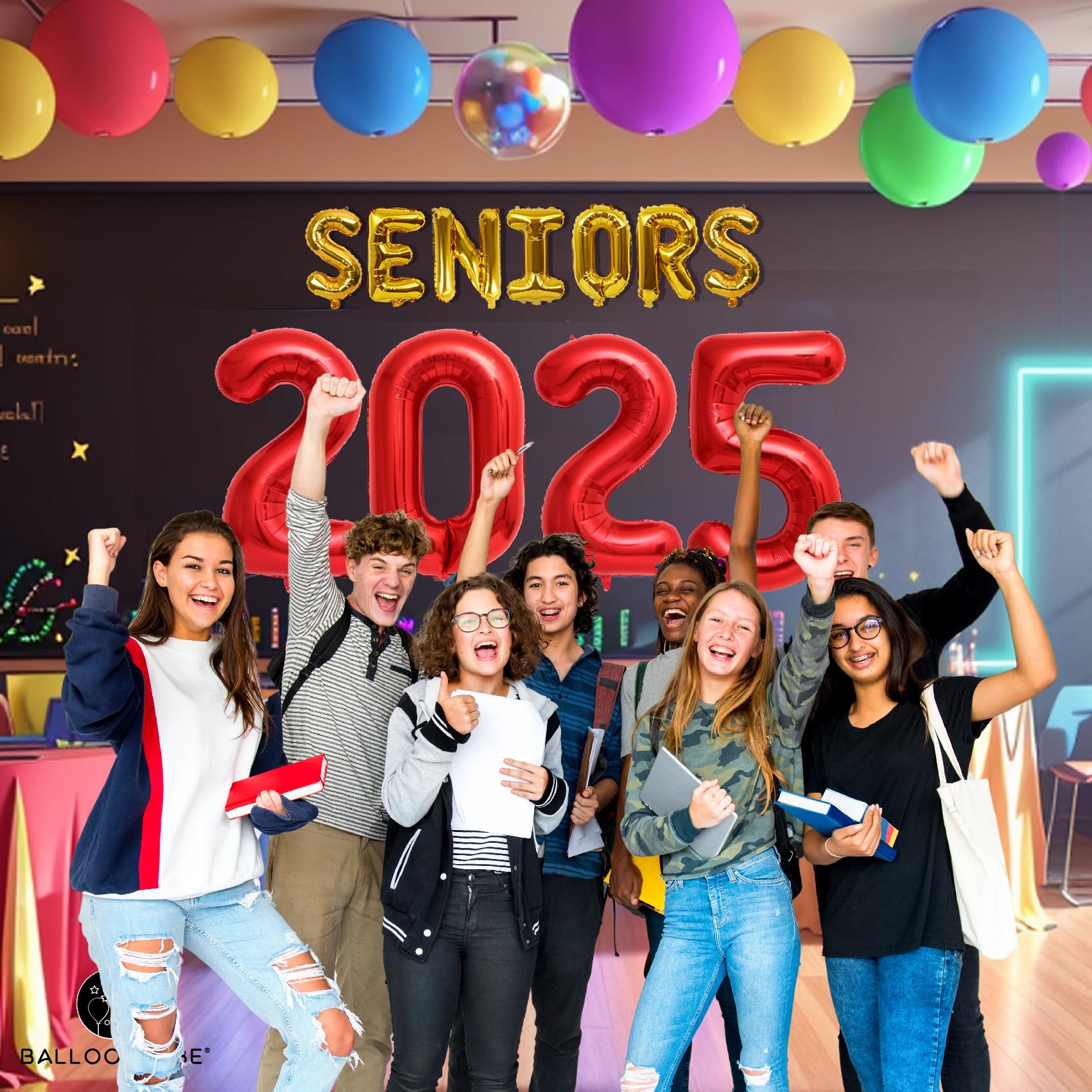 Seniors 2025 Balloons with 4 Star Balloons - High School College Seniors Decorations Balloons - 2024 Seniors Banner for Graduation Party Decor Foil Letter Balloons with Ribbon, Straws & Adhesive Dots