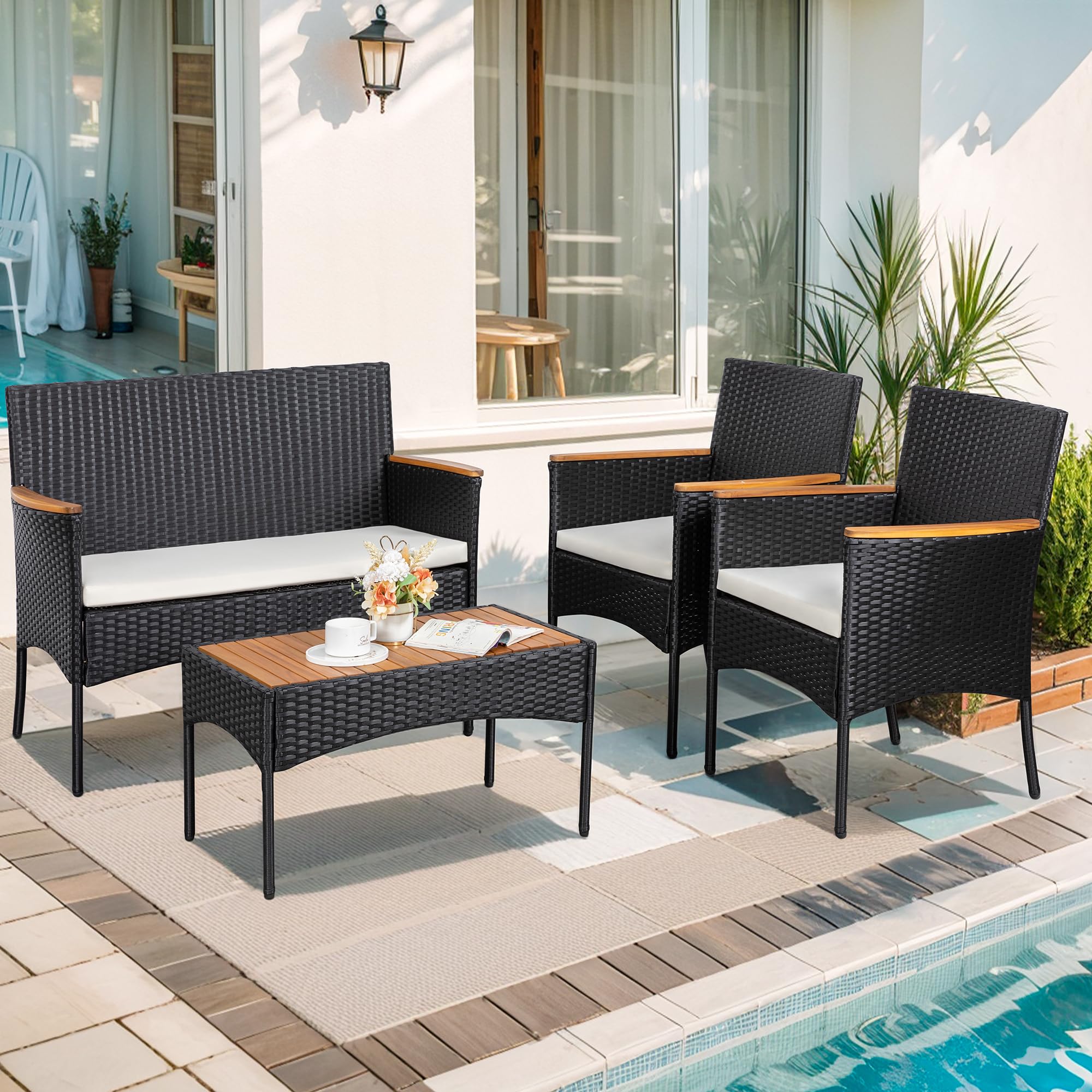 JAMFLY Patio Furniture Set 4 Piece Conversation Set Outdoor Wicker Rattan Chairs Backyard Pool Garden Porch Balcony Patio Loveseat with Cushions and Table, Black/Beige