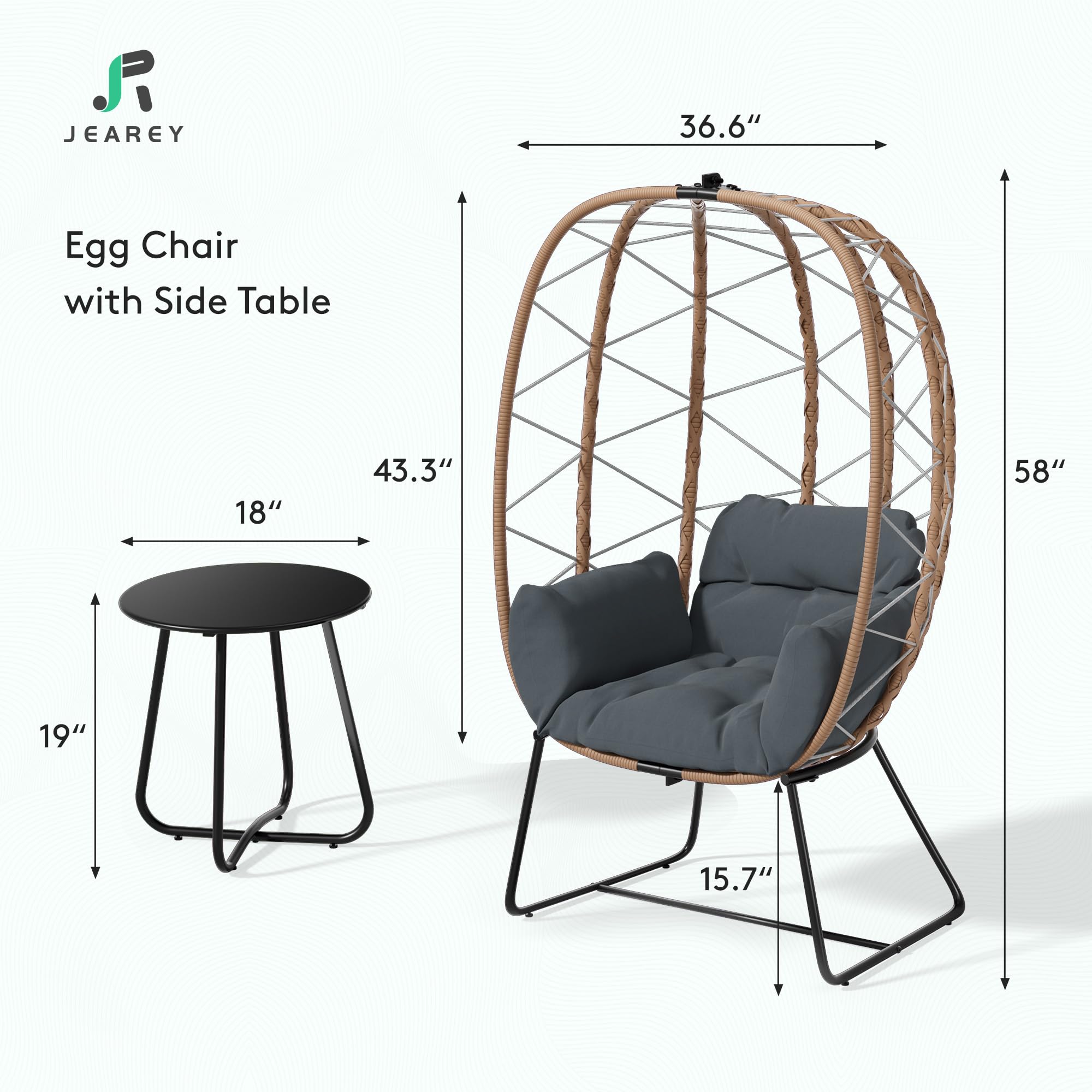 JEAREY Egg Chair with Side Table, Oversized Outdoor Indoor Lounger with 350lbs Capacity Wicker Egg Chair with Stand Cushion, Egg Basket Chair Set for Patio, Porch, Bedroom(Grey)…