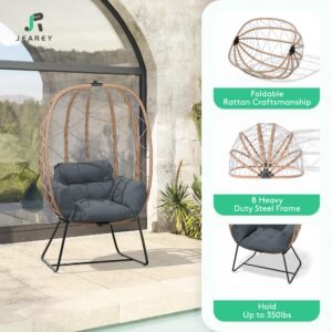 JEAREY Egg Chair with Side Table, Oversized Outdoor Indoor Lounger with 350lbs Capacity Wicker Egg Chair with Stand Cushion, Egg Basket Chair Set for Patio, Porch, Bedroom(Grey)…